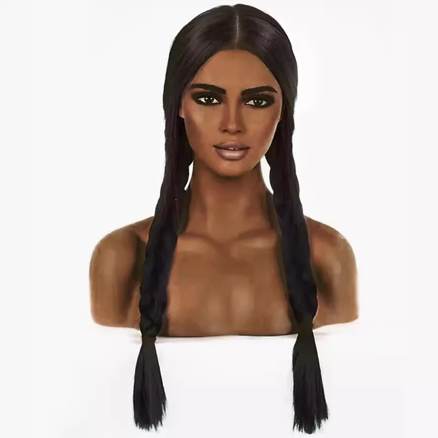 

Synthetic Long Black Cosplay Wig with Bangs, Pigtail Braids, Christmas Party Anime Costume, Wednesday Inspired Style for Women