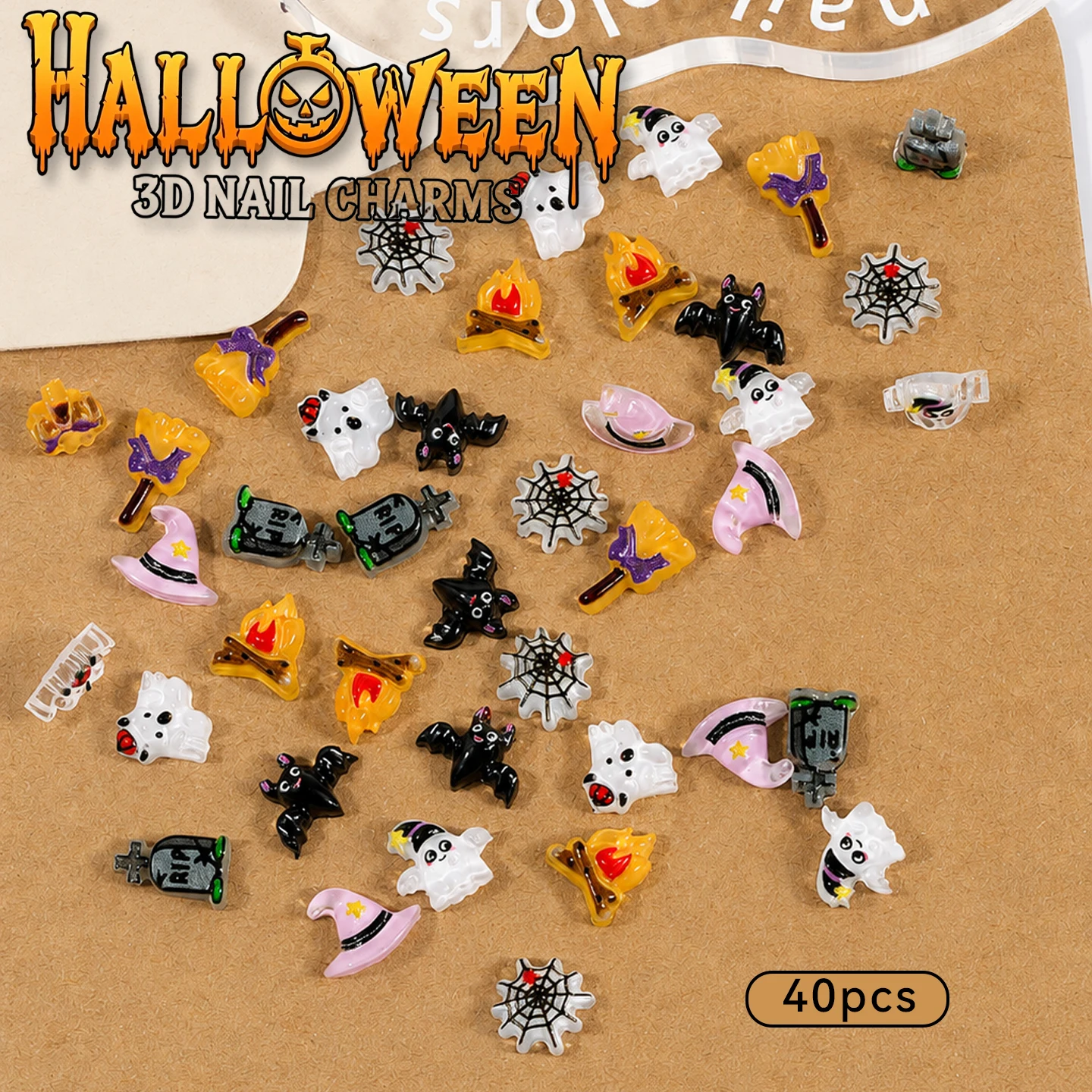 40pcs Trendy Resin Mini Colorful Painted Cute Ghost Bat Figurines Flat Back Scrapbook DIY Halloween Decor Nail Art Charms Crafts