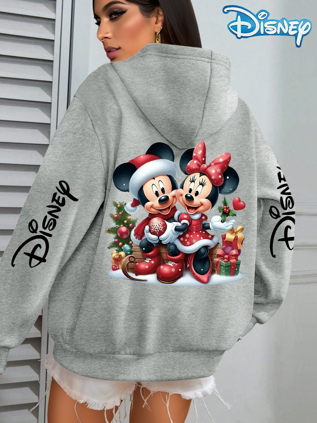

Women's Disney Minnie MouseChristmas Pattern Autumn and Winter Fleece Hooded Sweatshirt Unisex Streetwear Oversized Loose Casual