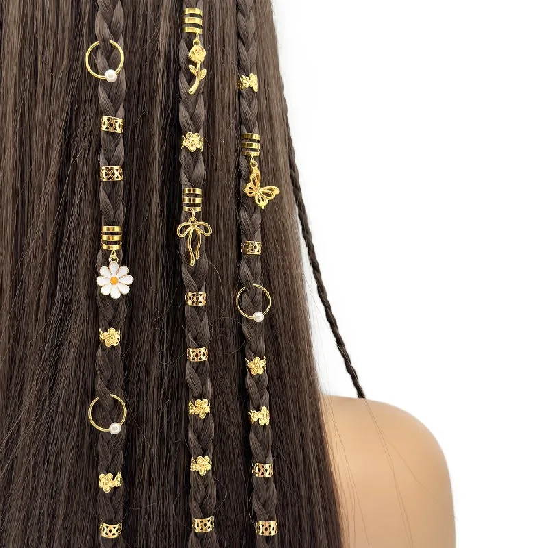 

27Pcs High Quality Vintage Gold Daisy Bow Rose Hair Rings Exquisite Charming Simple Stylish Cute for Braids Hair Accessories