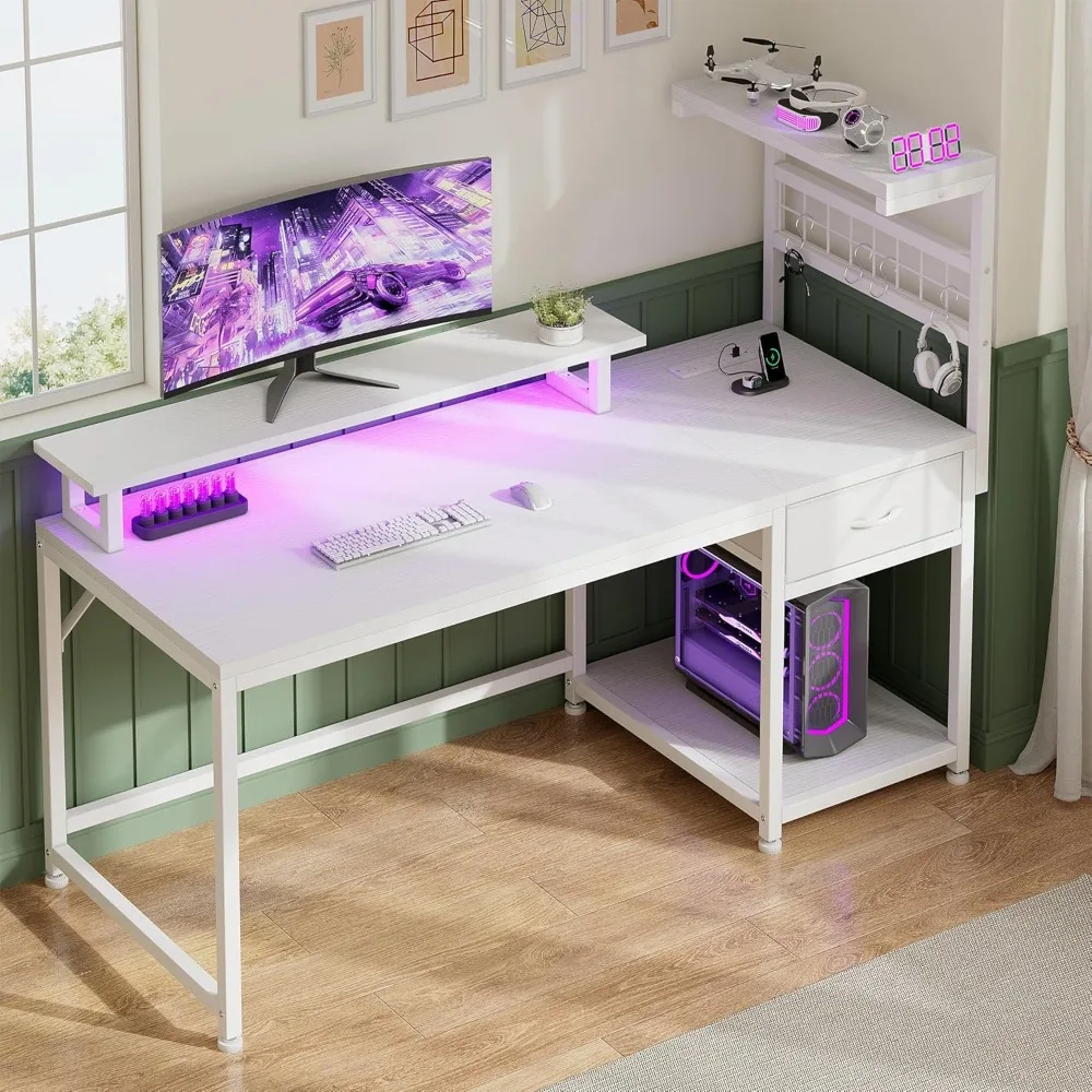 

48" Reversible Computer Desk with Power Outlets & LED Lights,Home Office Desk with Drawers & Storage Shelves, Gaming Desk with