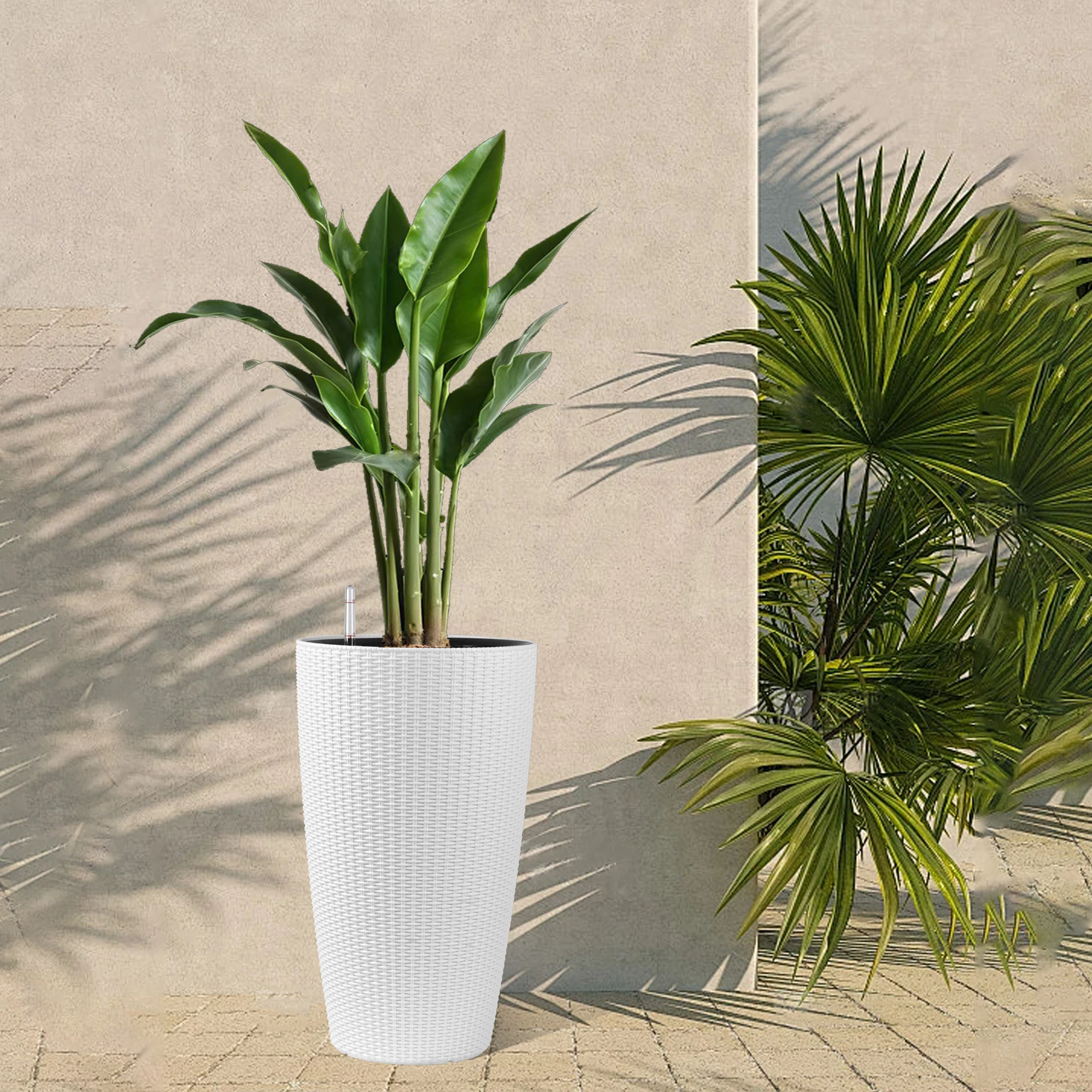 Set of 2 Faux Rattan Tall Planters Outdoor Indoor Large Planters with Water Level Monitor Inner Bucket, Automatic Watering, Flow