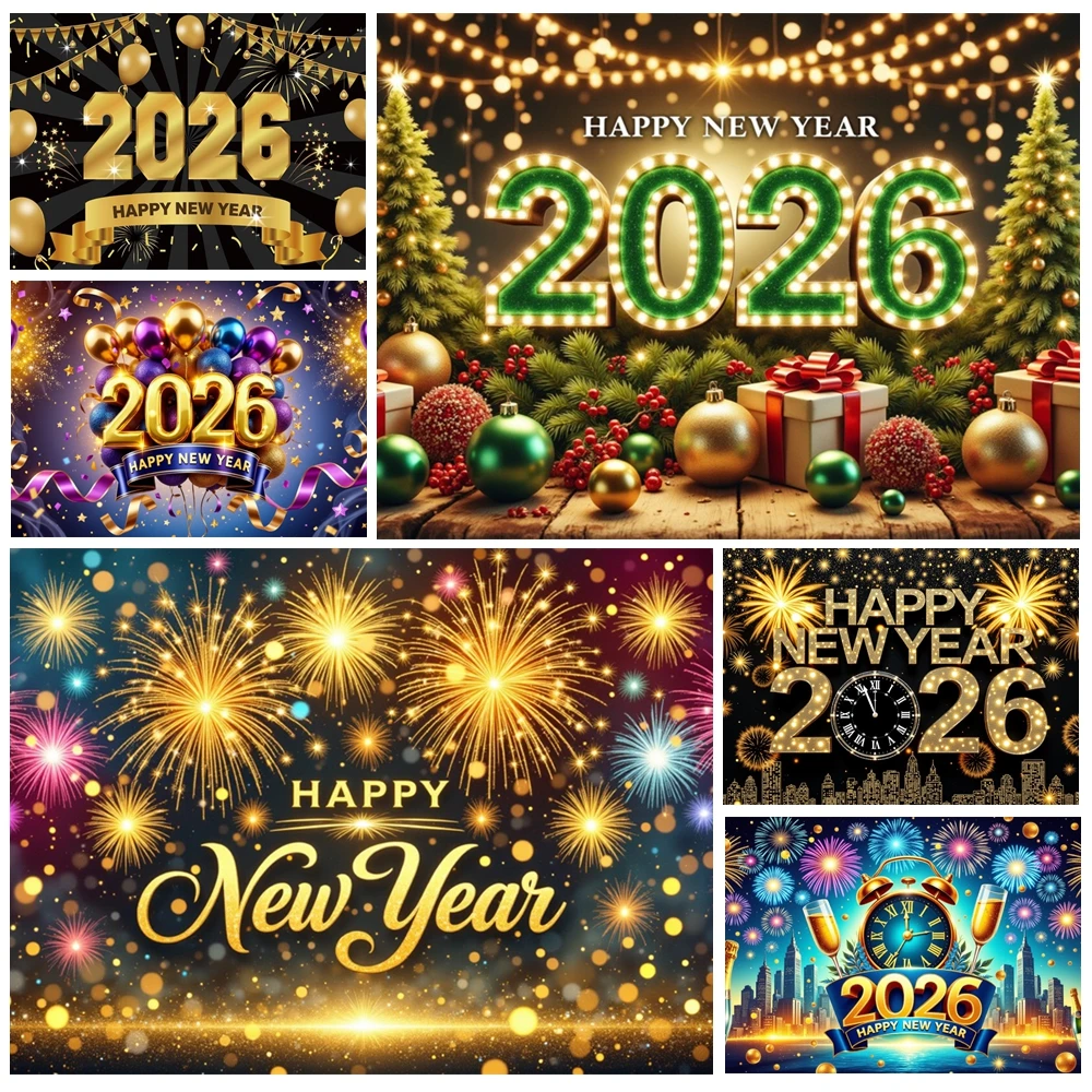 

MOON.QG Happy New Year Banner Backdrop Poster Glitter Light Xmas Trees Balloon Backgrounds For Photographs Accessories Shooting