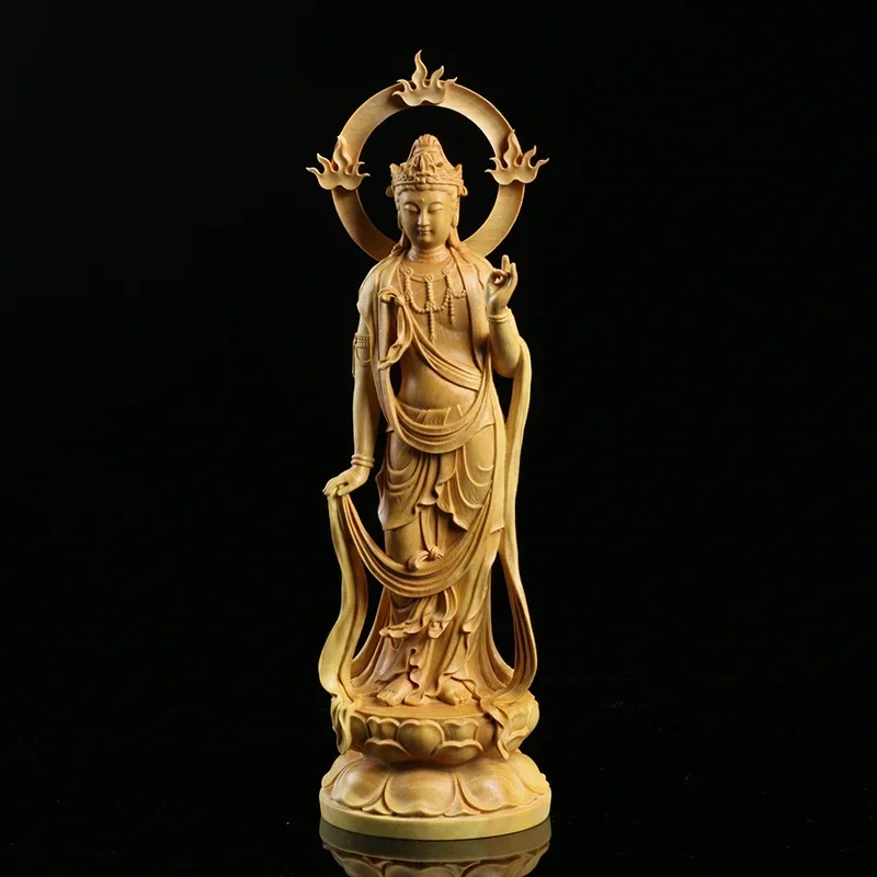 

23CM Boxwood Carving Furnishing Ornaments Wood Crafts Buddha Statue Gifts Guanyin Sculpture Decoration Crafts