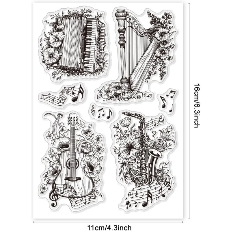 1pc Floral Musical Instruments Clear Stamps Mixed Shapes for DIY Scrapbooking Photo Album Decorative Cards Making 6.3x4.33inch