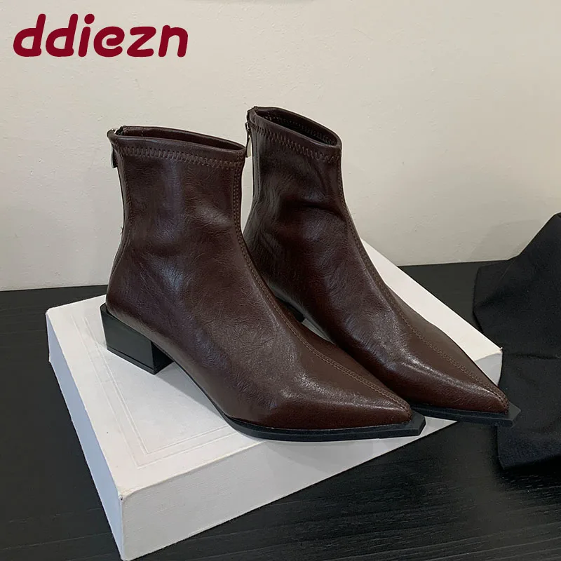 

Современные женские ботильоны с острым носком, женская обувь на молнии, модные эластичные короткие ботинки на каблуке, женские туфли-лодочки, новые