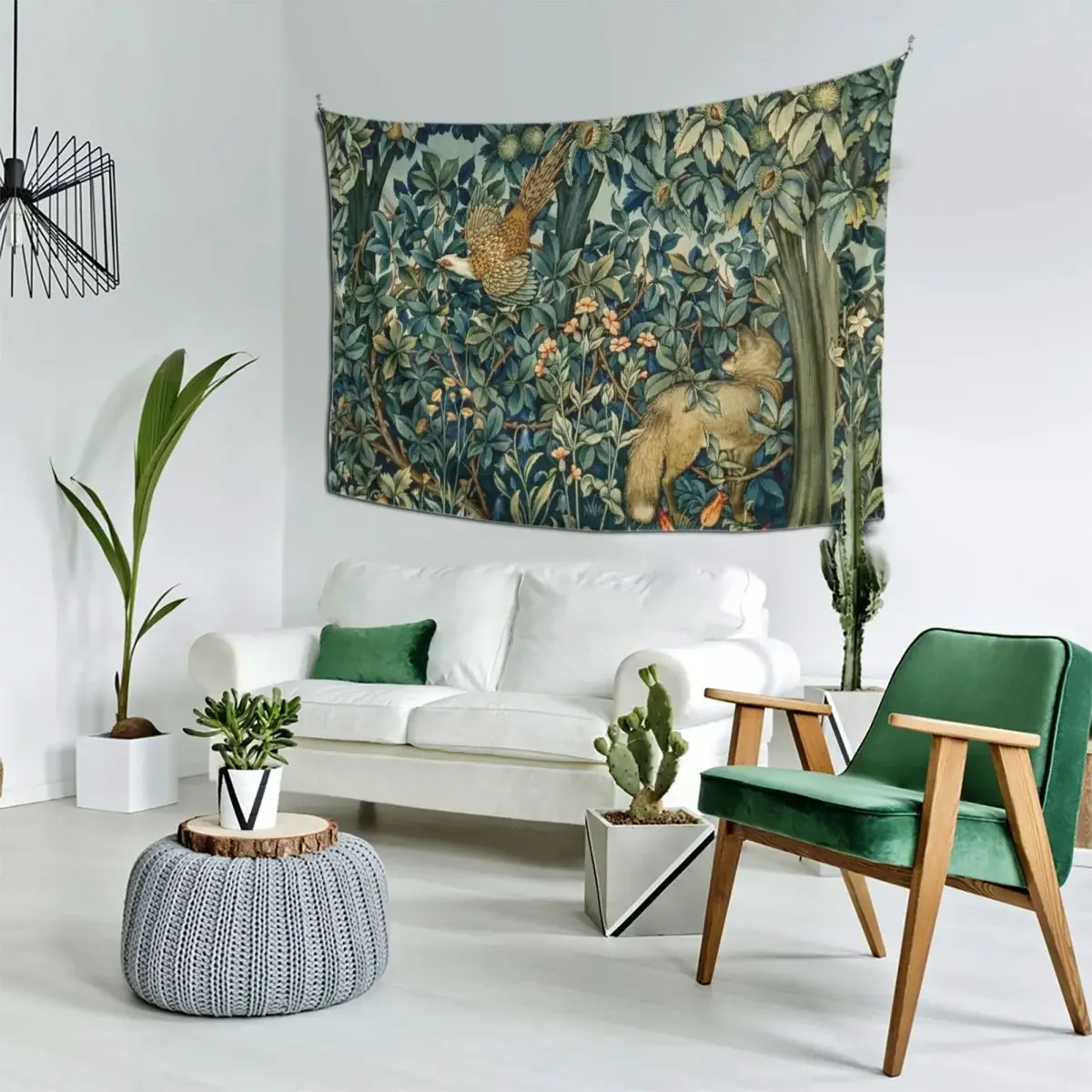 

GREENERY, FOREST ANIMALS Pheasant and Fox Blue Green Floral Tapestry Outdoor Decor Room Decor Tapestry