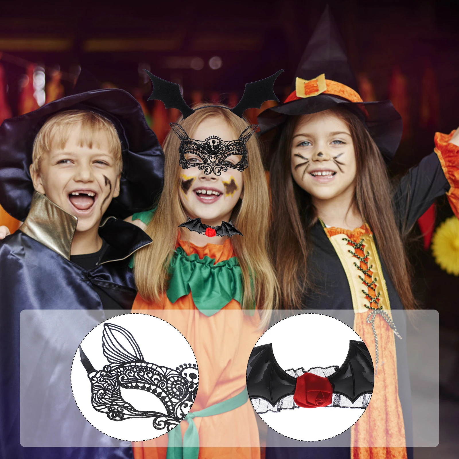

1 set 1 Set Halloween Bat Headband Costume Accessories Masquerade Lace Eye Mask Choker Necklace For Women Party Festival Decor
