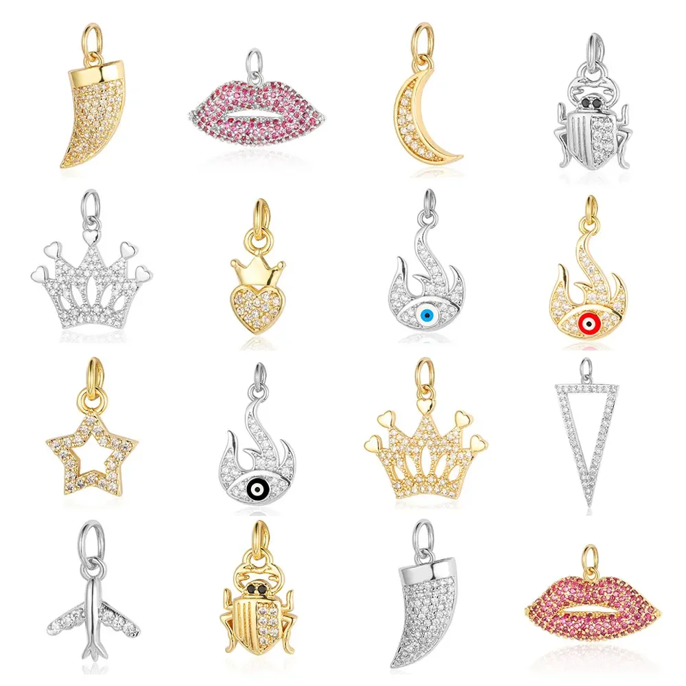 Lips Crescent Heart Crown Beetle Copper CZ DIY Jewelry Charms Triangle Evil Eye Flame Dancer Bracelet Earring Making