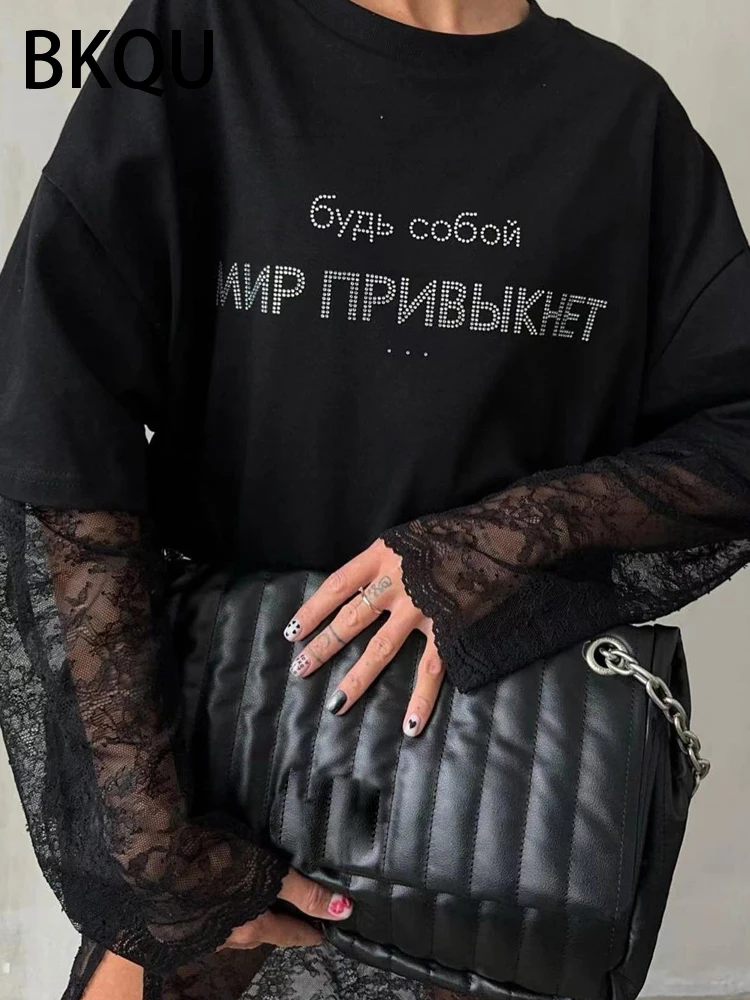 BKQU Solid Black Oversized T shirts Women 2000s American Rhinestone Letter Short Sleeve Loose Tees Shirt Luxury Higt Street Tops