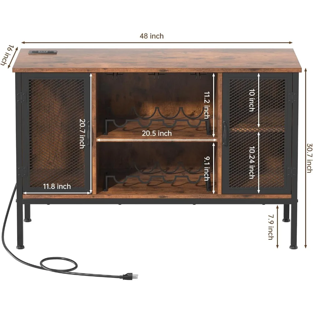 アップグレードされたワインバーキャビネット（背面パネル付き）、LEDライトと電源コンセント付きのリカーキャビネット、調節可能な棚、グラスホルダー