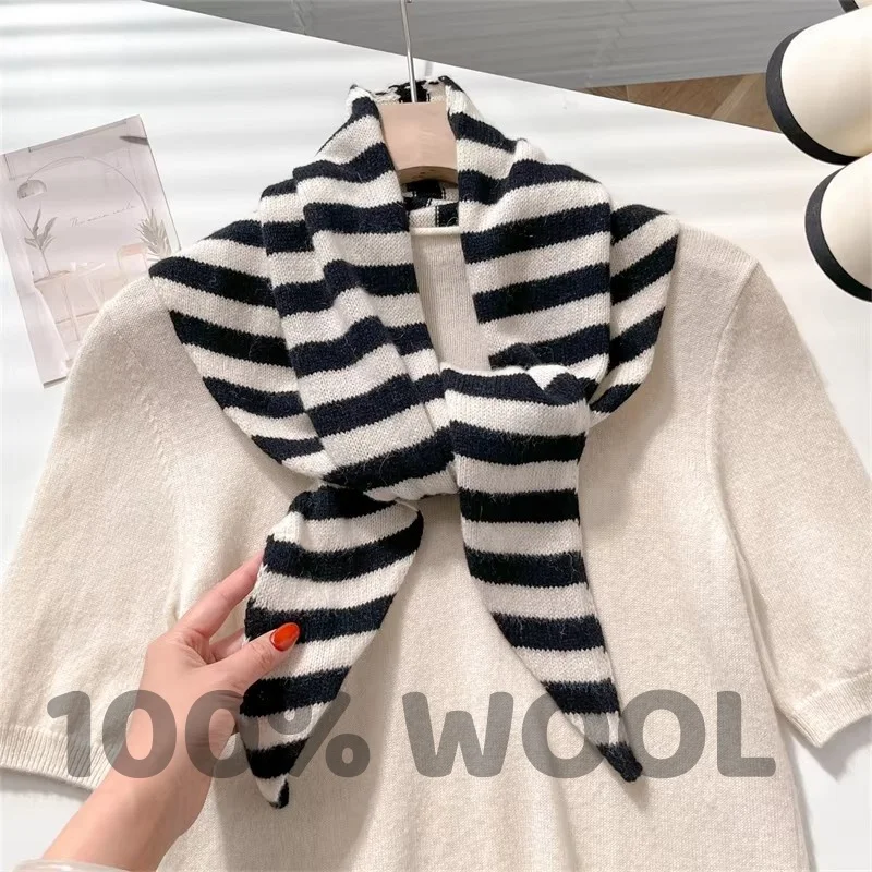 Knitted Scarf Women 100% Wool Winter Warm Scarves Bright  stripe Design Thickened Shawl Soft Triangle Pashmina Neck 2025 NEW