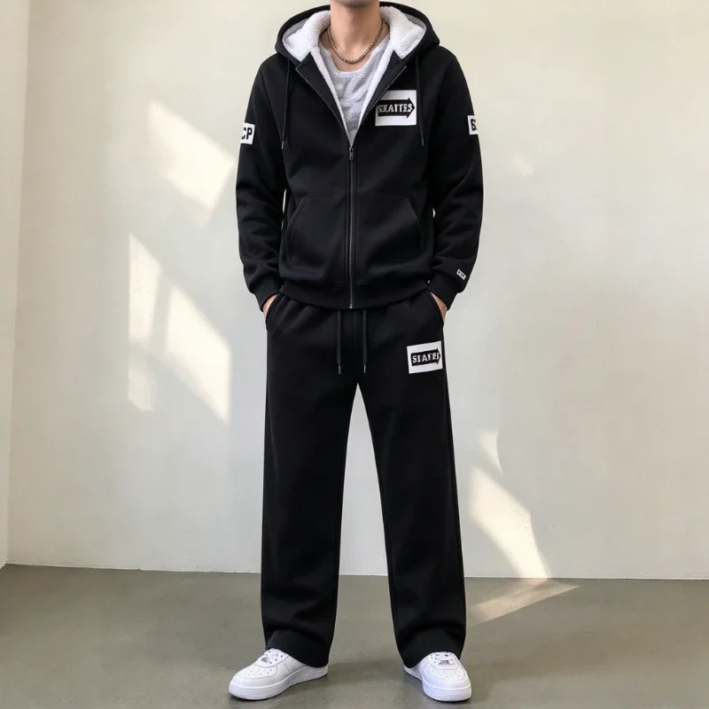 Winter Thick Fleece Lined Tracksuit Sets Man 2PCS Hooded Zipper Sweatshirt Drawstring Pants Suit 2 Pieces Sportswear Outfit Set