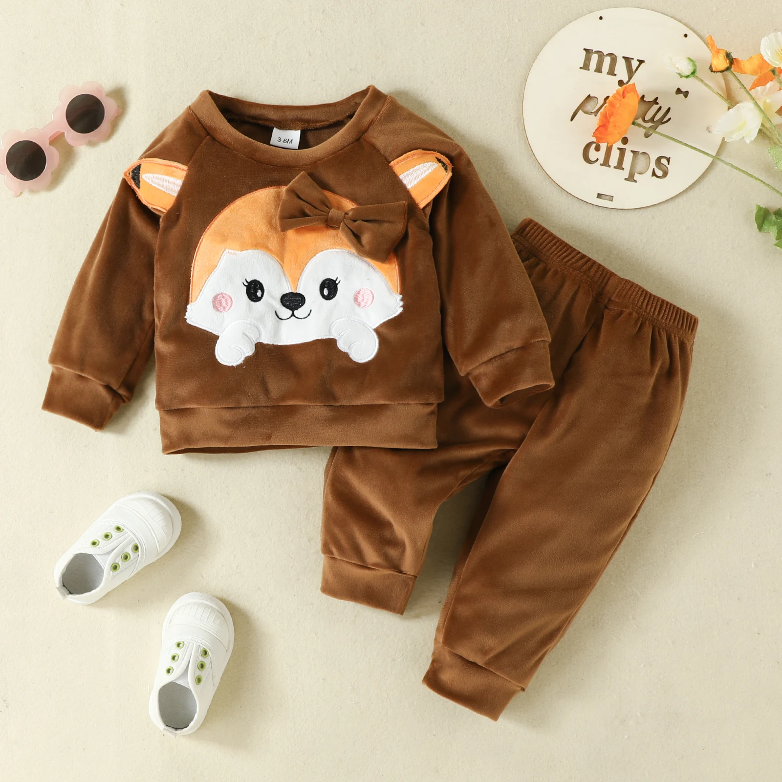 Baby Fleece Clothing Girls Cute Bow Fox Fluff Long Sleeve Pants 0-3 Years Autumn / Winter Comfortable Baby Suit