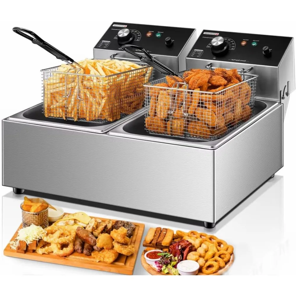 

Large Capacity 20.7Qt Dual Tank Deep Fryer with Basket, 3400W, Stainless Steel, Temperature Control