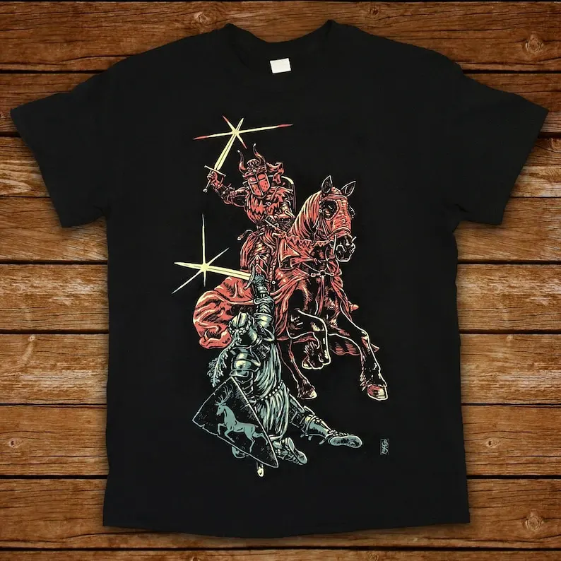 Knight Battle T shirt, Red & Green warriors duel, armored jousting combat sword fight, medieval fantasy art graphic tee