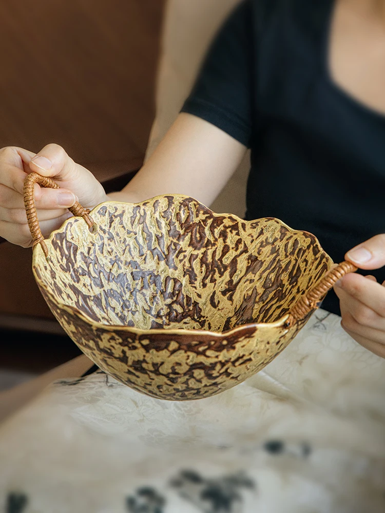 

Керамическая миска ваби-саби, керамическая ваза для фруктов ручной работы с веревочными ручками, асимметричная глубокая миска для закусок для домашнего декора в деревенском стиле