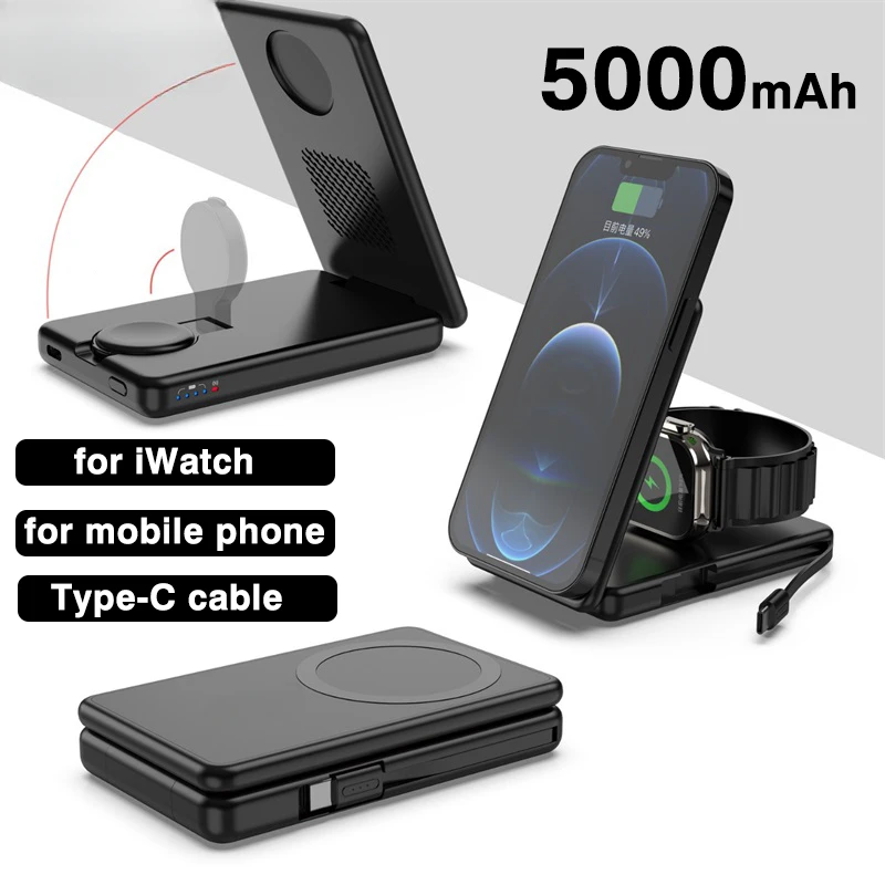 3in1 Magnetic Powerbank Portable External Spare Battery Wireless Fast Charger For iWatch 5000mAh For Apple Watch iPhone Samsung