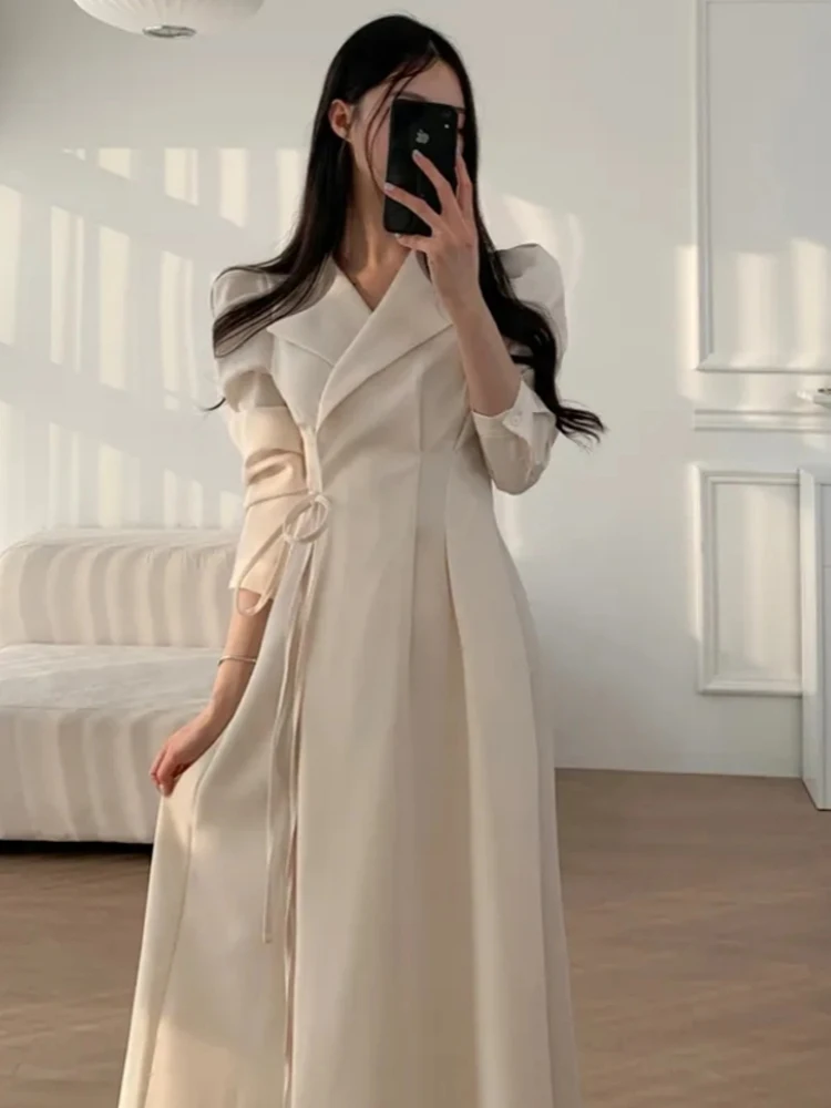 Setelan Ringan Dr Wanita Musim Gugur Musim Dingin Gaun Panjang Model A-Line Pinggang Tinggi Sepanjang Lutut Gaya Korea Sle