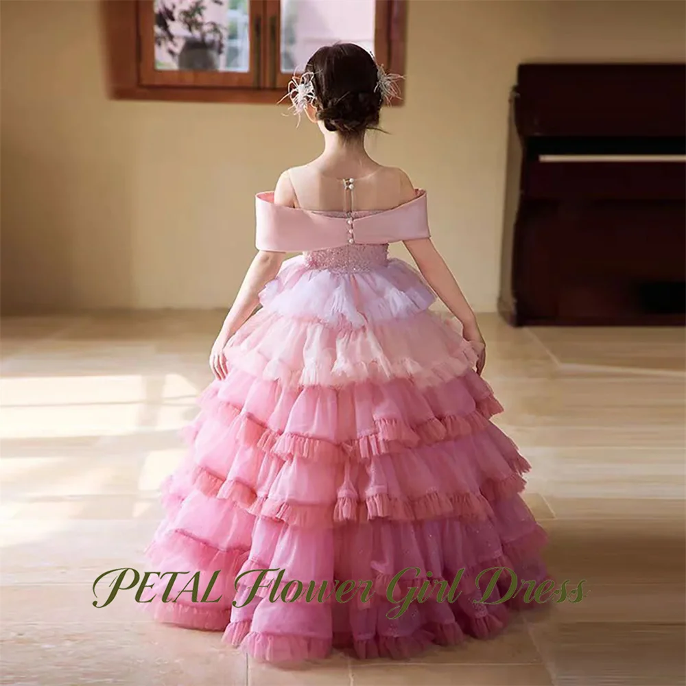 Meadow Gradient Pink Princess Girls Dress Off the Shoulder Ball Gown Party Tutu Dresses Bow with Rhineston Tutu Fluffy Prom Gown