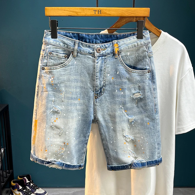 

TC049 High Street Denim Shorts with Holes Men's Trendy Brand Elastic Slim Fit Splash-Painted Patch Mid-Length Pants High-End