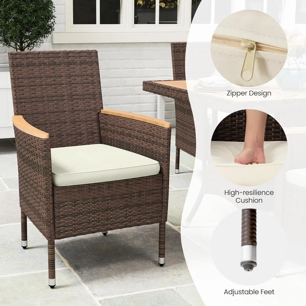 4人用パティオダイニングセット、全天候型ラタン屋外テーブルとアカシア材天板付き椅子、リモコン付きパティオダイニング家具