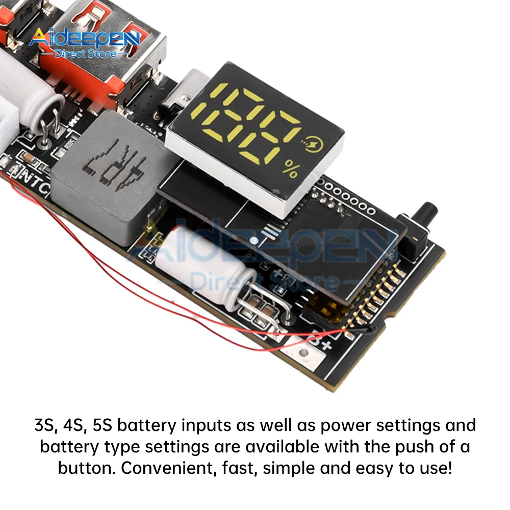 Imagem -05 - Duplo Usb pd Carga Rápida Micro Tipo-c Módulo de Carregamento Usb para Banco de Potência Móvel 18650 Bateria de Polímero de Lítio 5a 100w 65w 3s 4s 5s