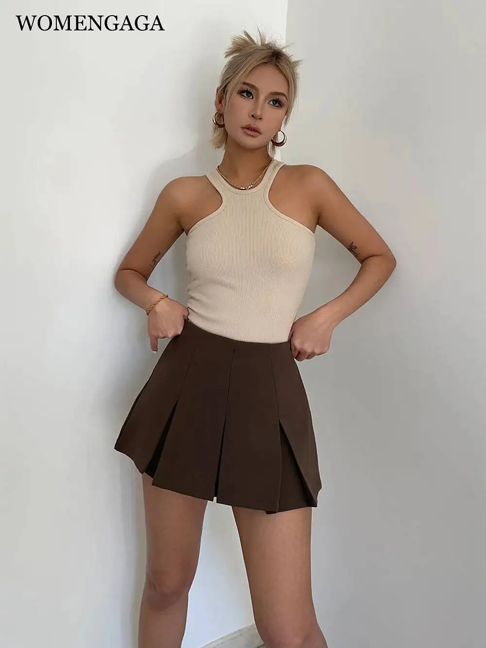 WOMENGAGA American High Street A-line Short Unif School Girl Fairy Grunge Skirt High Waist Pleated Skorts Streetwear Lovely HM2O