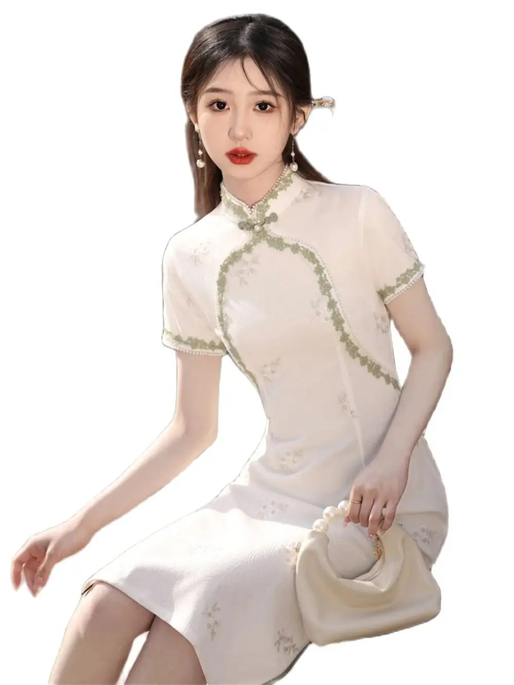 

Girls' Summer Improved Embroidered Lace Cheongsam Vintage Elegant Mid-length Qipao Chinese Traditional Short-sleeved Dress New