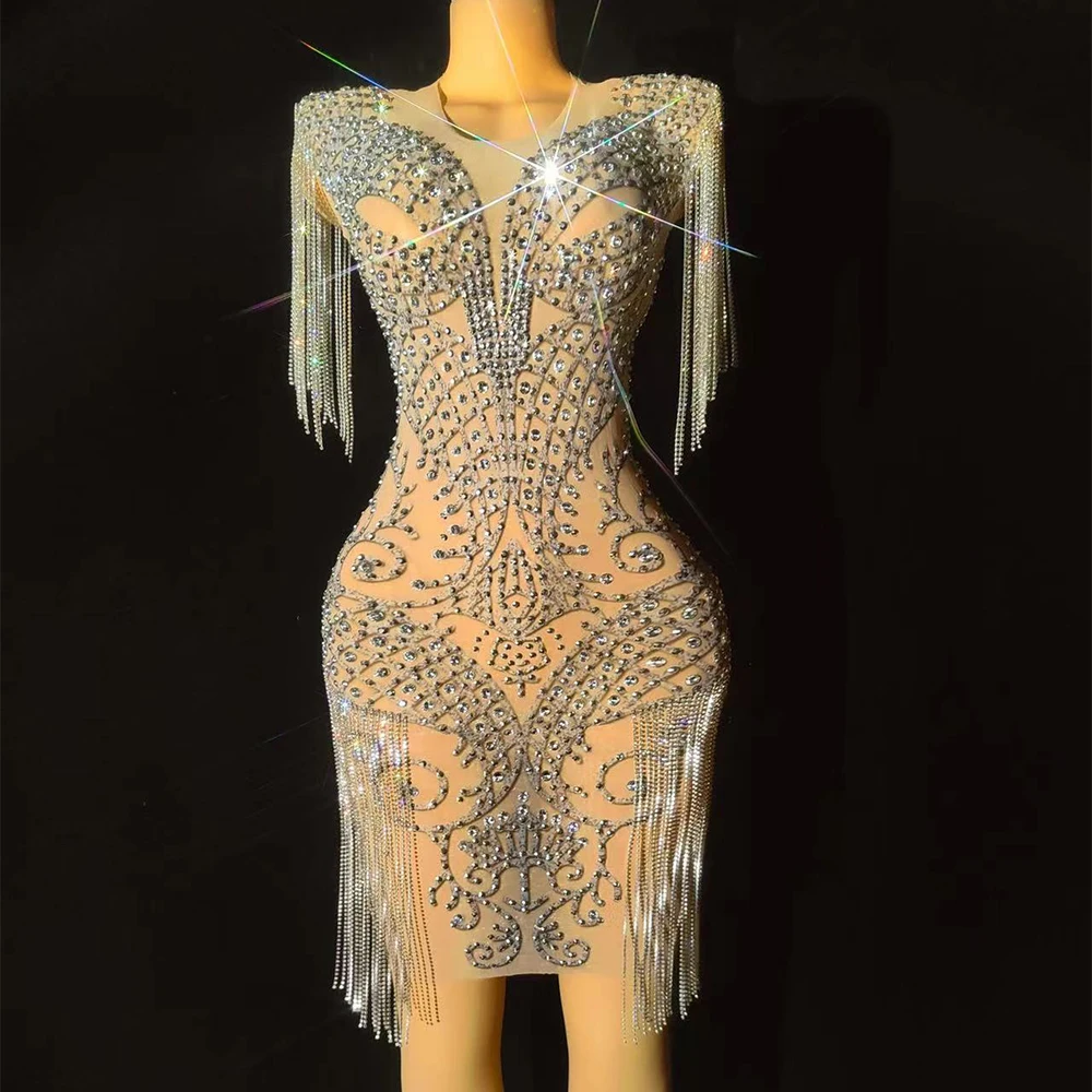 

Sexy Sparkly Silver Rhinestones Chain Sleeves Mesh Transparent Bodycon Short Dress Birthday Celebrate Gown Evening Dance Dress