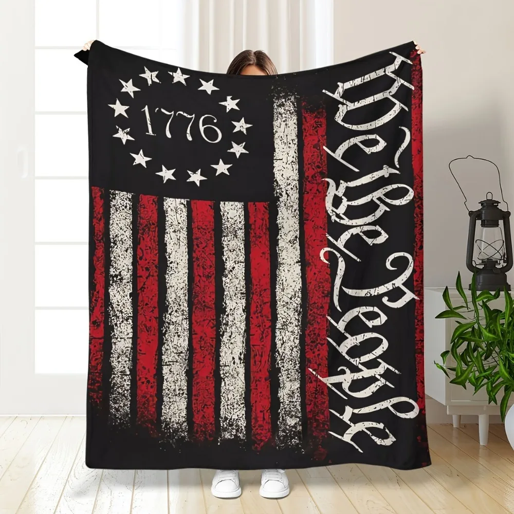 

1pc Flannel Blanket American Flag Gothic Font Printed Skin-Friendly Blanket for Home Living Room Decor New Year Gift for Adults