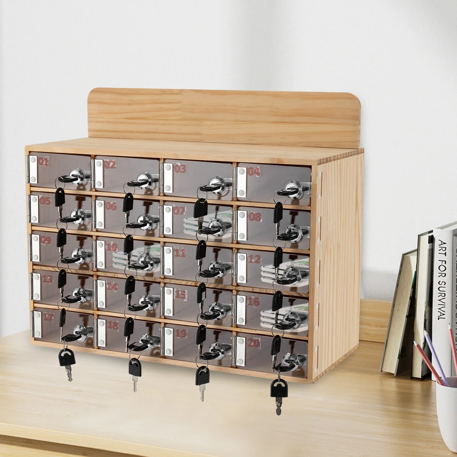 

20-Slot Solid Wood Phone Locker Cabinet with Acrylic Doors & Keys | Wall/Freestanding Mount | 50kg Load | 10x18cm Slots