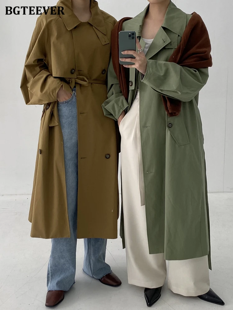 BGTEEVER Vintage Oversized Long Trench Coats Women Autumn Winter Loose Double Breasted Belted Ladies Windbreaker