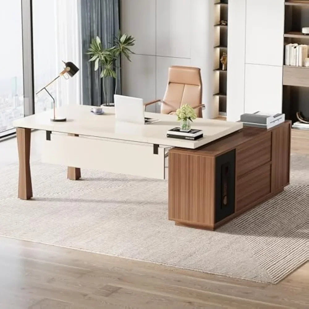 

71-Inch Executive Desk, L-Shaped Desk with Cabinet, Large Office Desk with Storage Shelves, Writing Table Business Furniture Set