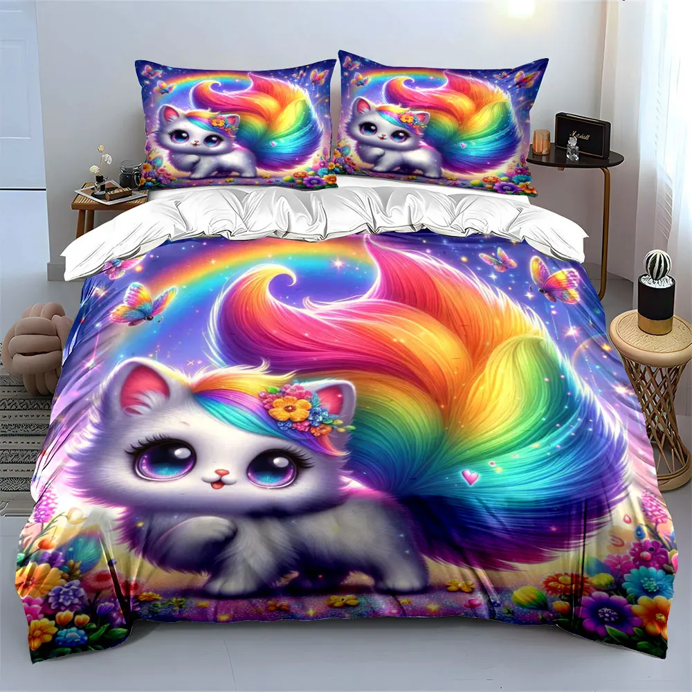 Kitten with Rainbow Tail and Butterflies Duvet Cover Set with 3D Printing Design Soft Polyester Bedding Set All-Season Comfort