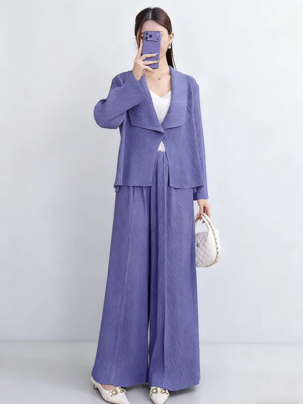

Miyake Pleated Plus Size Women with A Whole Set of Temperament Commuter Jacket Wide Leg Pants Two-piece Fashion Suit Female