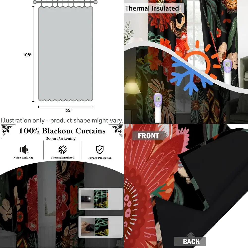 

Очень длинные черные шторы в стиле бохо с цветочным узором 108 дюймов для гостиной, затемняющие, в стиле середины века, с люверсами, термоизоляционные
