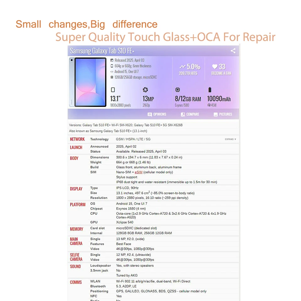 10Pcs For Samsung Galaxy Tab S10 FE Plus Ultra Lite X520 X620 X820 X920 X400 Touch Screen Panel Front Outer Glass Lens With OCA