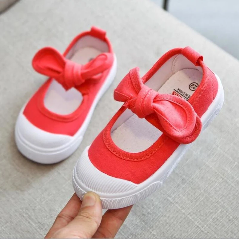 20222 Spring Baby Girl Grey Canvas Casual Kids Shoes with Bowtie Bow-knot Solid Candy Color Girls Sneakers Children Soft Shoes