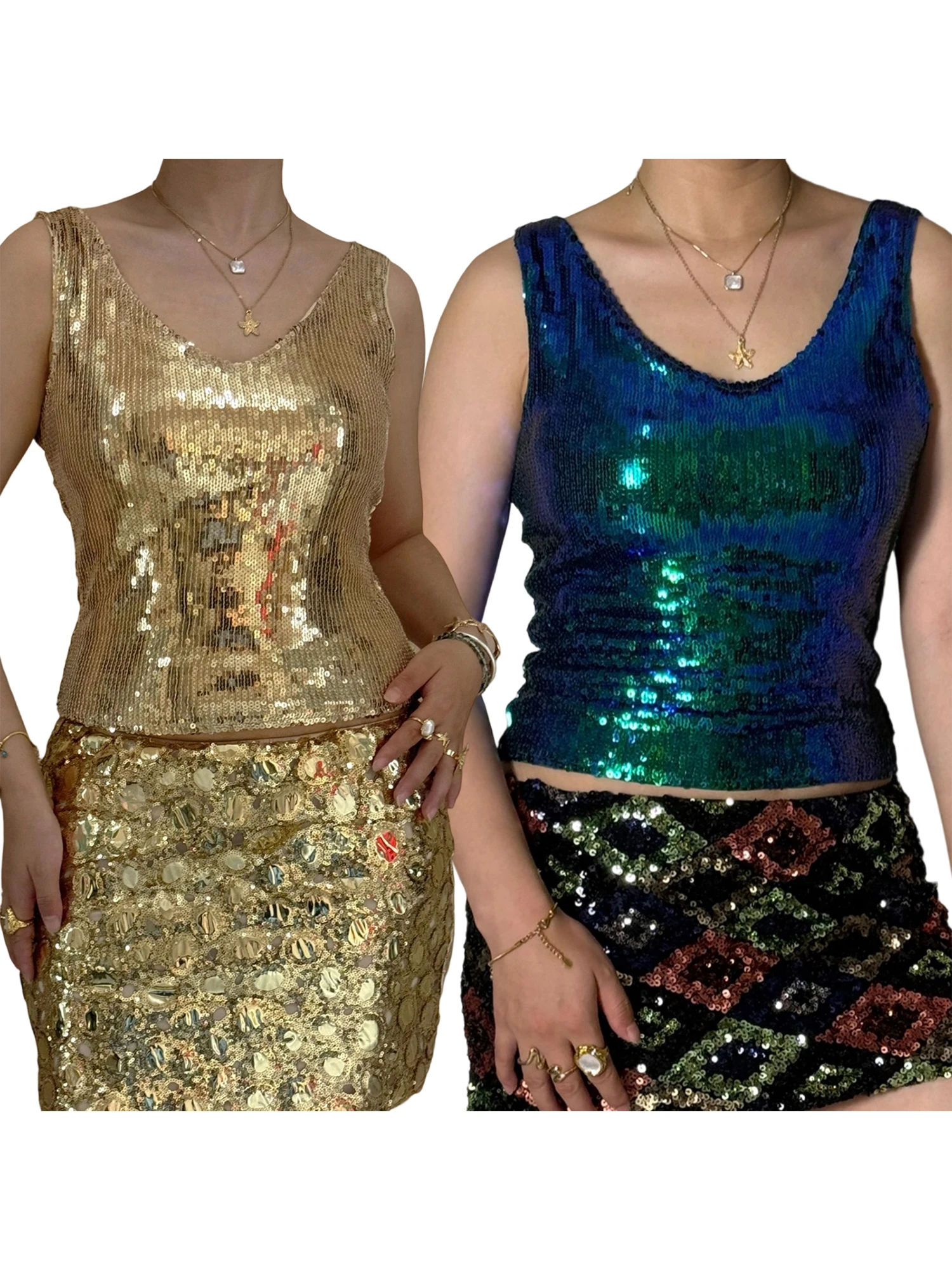 スタイリッシュな女性のノースリーブ スパンコール クロップ トップ、V ネックときらめくディテール - 夏のトレンディなストリート ファッション