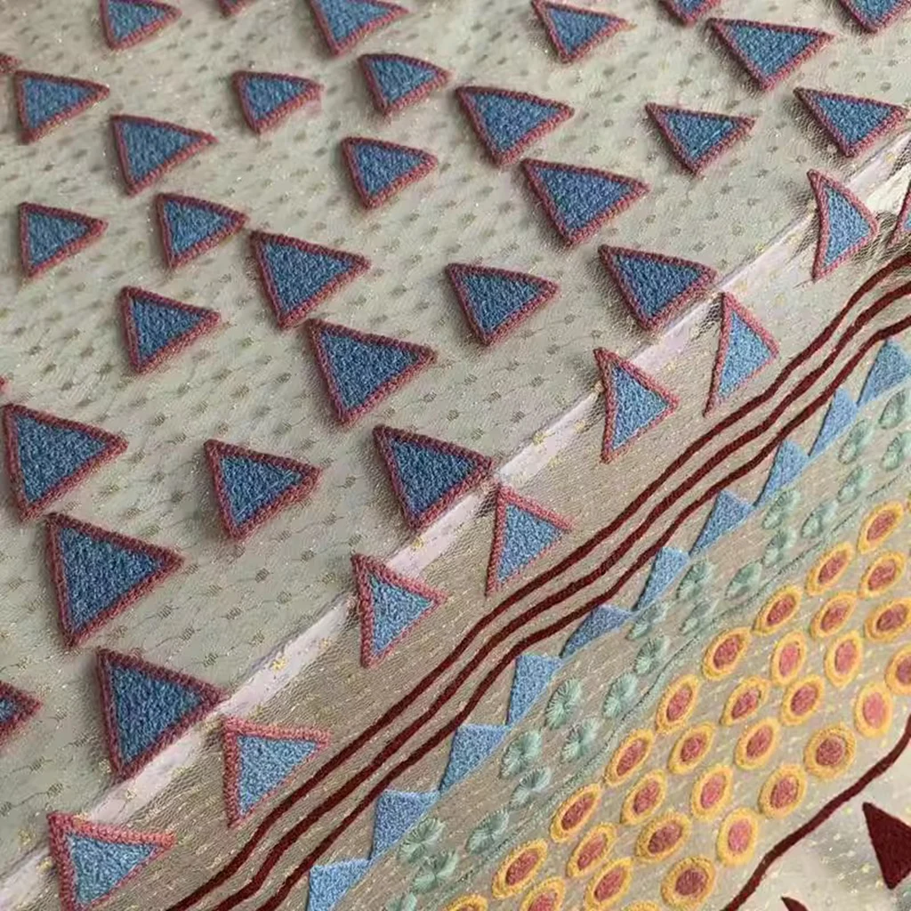 LASUI 3 yards high quality colorful bohemian heavy embroidery Gold mesh weave lace fabric DIY wedding dress X0588