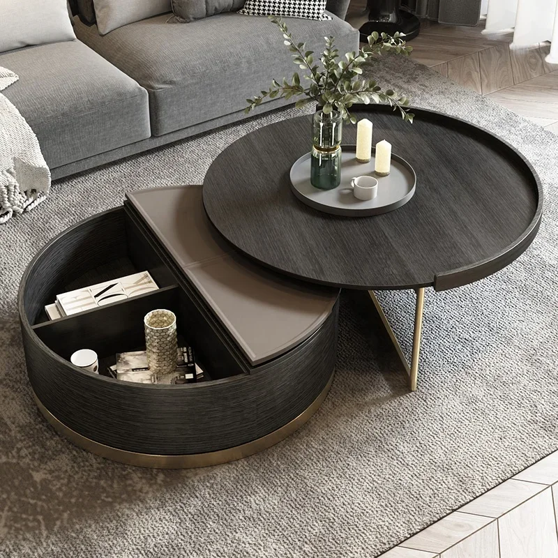 Modern Home Furniture Rotation Storage Living Room Black Tea Table Round Coffee Table