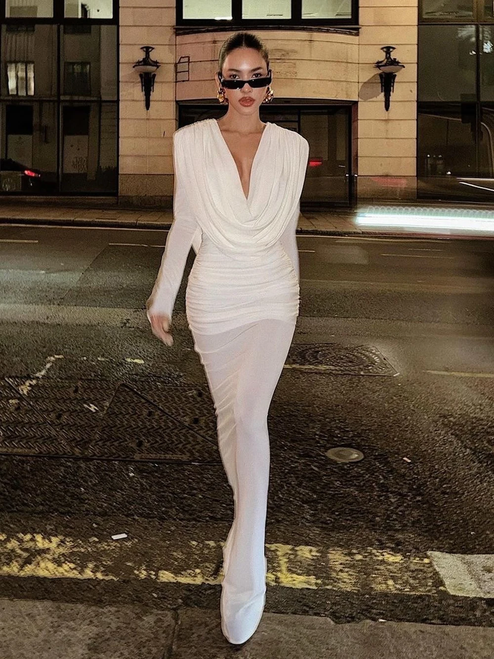 جديد نقي الأبيض الفرنسية الرجعية مطوي فستان طويل عميق الخامس فستان التخسيس بأكمام طويلة فساتين العشاء الطرف #4