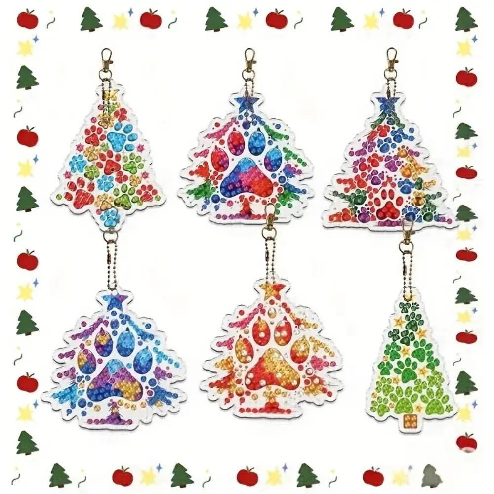 6pcs/Set DIY Christmas Tree Pattern Diamond Painting Keychain, DIY Mosaic Craft Kit Suitable for Beginners, Women's Backpack Pen