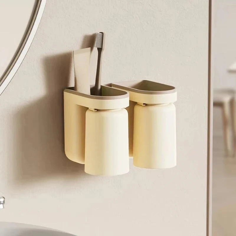 1 Pc Innovative Toothbrush Storage Rack No Hole Light Luxury Mouthwash Cup Brush Cup Wall Mounted Bathroom Organizer