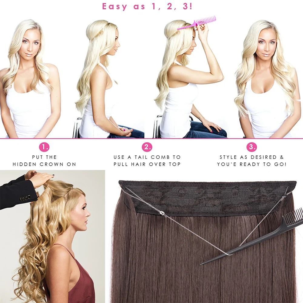 MERISIHAIR Synthetic No Clip Wave Hair Extensions Hidden Secret False Hairpiece One Piece Fish Line Fake Hair Piece