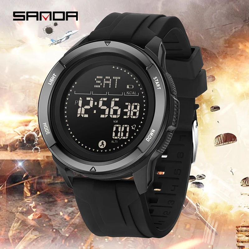 SANDA 2197 ساعة إلكترونية رياضية خارجية مضادة للصدمات ومضادة للسقوط 5ATM مقاومة للماء للرؤية الليلية ضوء بارد خطوة السعرات الحرارية البوصلة