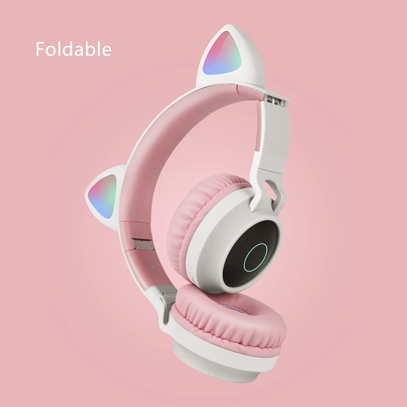 LED Cat Ear Headphones Noise Cancelling Bluetooth 5.0 Adults and Kids Headset Support TF Card FM Radio With Mic Wireless+Wired