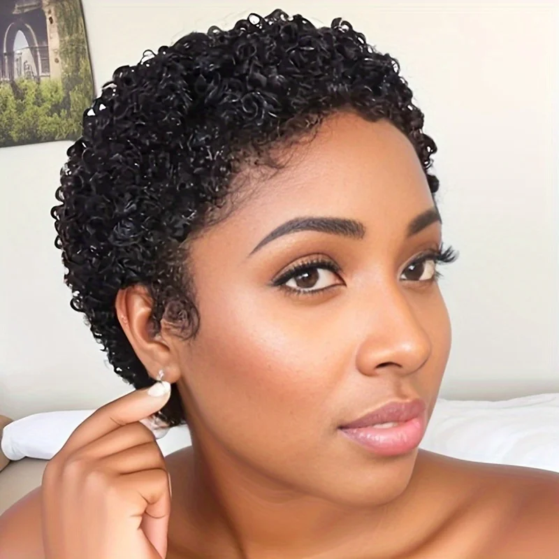 short afro curly human hair wig 150% density remy hair machine made pixie cut short curly human hair wig 4inch black color