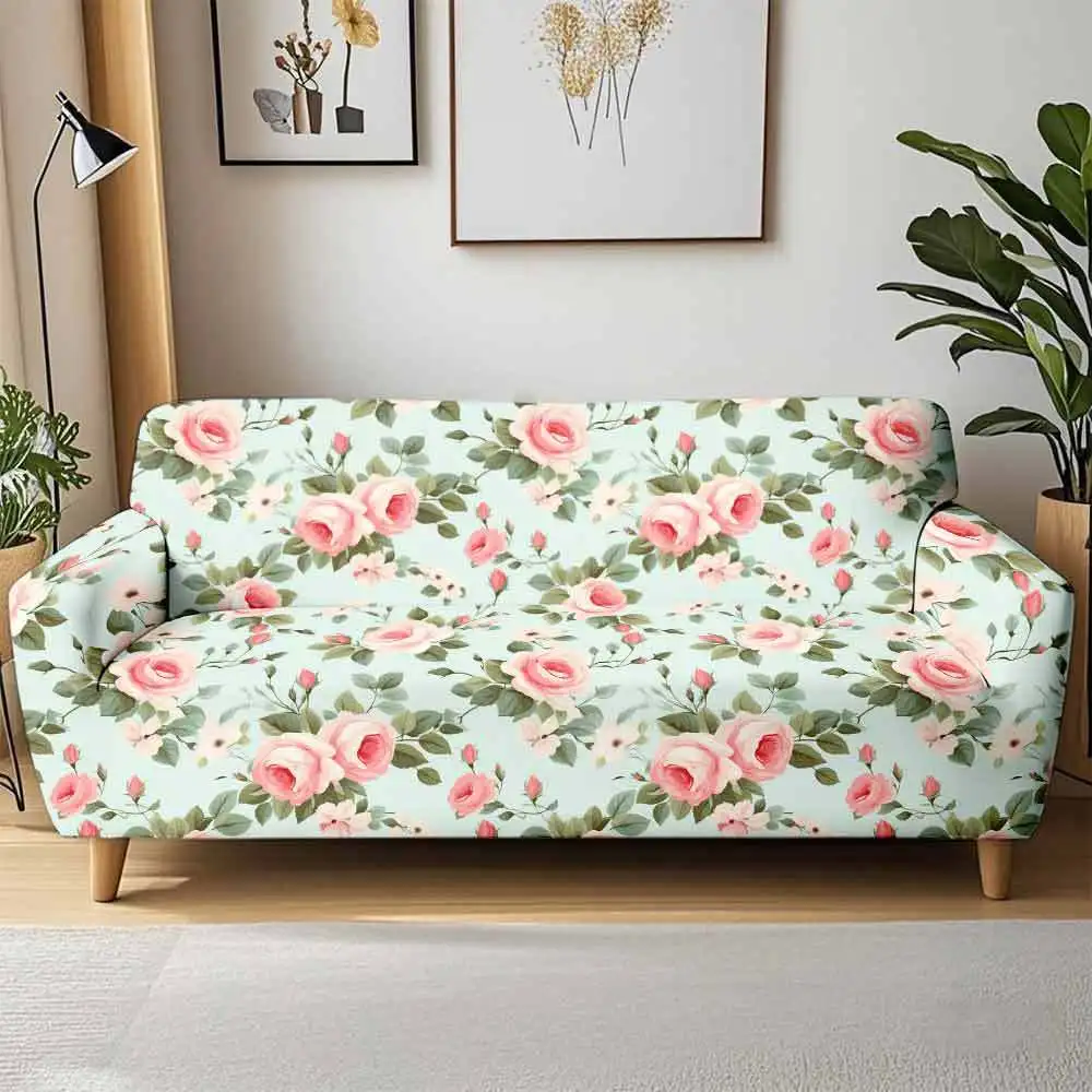 1 Stück Vintage Rosa Rosen Blumendruck Stretch-Sofabezug, Abnehmbarer Waschbarer Couchüberwurf für Shabby Chic Landhaus-Dekor